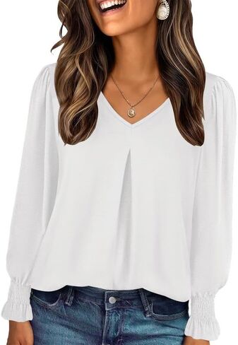Women's Long Sleeve Shirts Fall Tops Dressy Casual Loose Puff Sleeve Tops Pleated Tunic - Crew Neck & V-Neck T-Shirts in Saudi Arabia