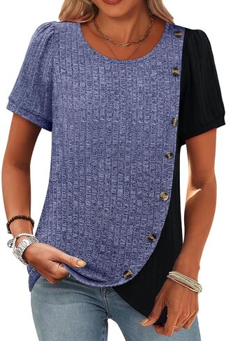 MixShe Womens Ribbed Knit Tops Short Sleeve Color Block Button Pullover Casual Crewneck Tunic Shirts in Saudi Arabia