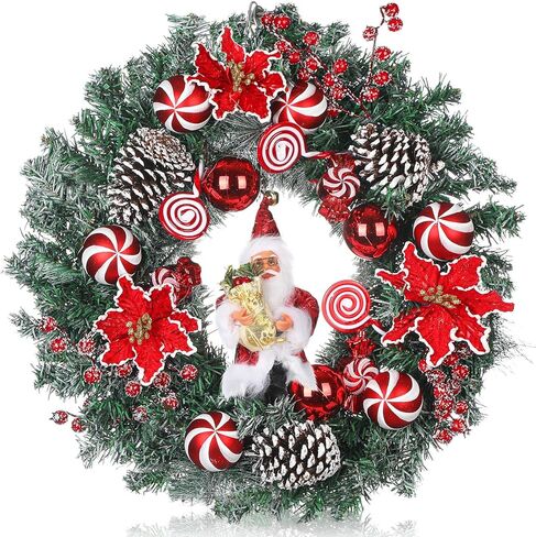 20 Inch Christmas Wreaths for Front Door with Santa Claus Pinecone Red Berries Poinsettias Winter Xmas Wreath with Red and White Balls Peppermint Candies for Outdoor Indoor Window in Saudi Arabia