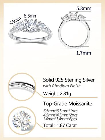 CYW 1.87 Carat Moissanite Three-Stone Rings for Women, Solid 925 Sterling Silver, Size 4-11, Wedding Bands Engagement Promise Aniversary Ring, Birthday Valentines Mothers Day Ideal Gift for Her in Saudi Arabia