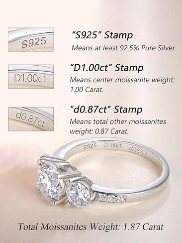 CYW 1.87 Carat Moissanite Three-Stone Rings for Women, Solid 925 Sterling Silver, Size 4-11, Wedding Bands Engagement Promise Aniversary Ring, Birthday Valentines Mothers Day Ideal Gift for Her in Saudi Arabia
