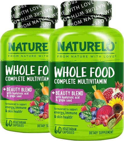 NATURELO Whole Food Multivitamin with Extra Hair, Skin & Nails Support - Beauty Blend with Hyaluronic Acid & Grape Seed - High Potency Biotin, Vitamin C, & Glutathione, 60 Vegan Capsules (Pack of 2) in Kuwait