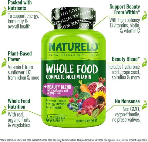 NATURELO Whole Food Multivitamin with Extra Hair, Skin & Nails Support - Beauty Blend with Hyaluronic Acid & Grape Seed - High Potency Biotin, Vitamin C, & Glutathione, 60 Vegan Capsules (Pack of 2) in Kuwait