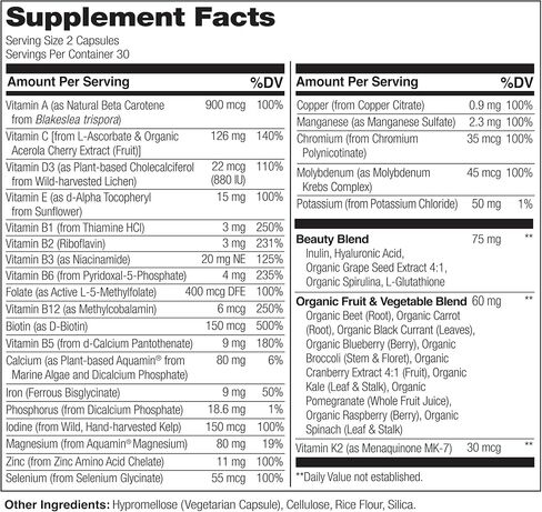 NATURELO Whole Food Multivitamin with Extra Hair, Skin & Nails Support - Beauty Blend with Hyaluronic Acid & Grape Seed - High Potency Biotin, Vitamin C, & Glutathione, 60 Vegan Capsules (Pack of 2) in Kuwait