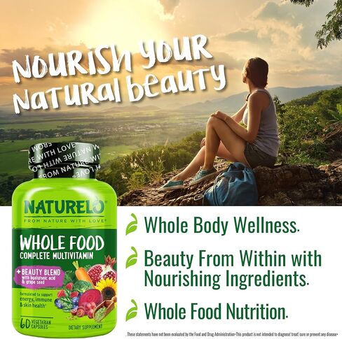 NATURELO Whole Food Multivitamin with Extra Hair, Skin & Nails Support - Beauty Blend with Hyaluronic Acid & Grape Seed - High Potency Biotin, Vitamin C, & Glutathione, 60 Vegan Capsules (Pack of 2) in Kuwait