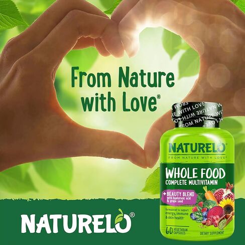 NATURELO Whole Food Multivitamin with Extra Hair, Skin & Nails Support - Beauty Blend with Hyaluronic Acid & Grape Seed - High Potency Biotin, Vitamin C, & Glutathione, 60 Vegan Capsules (Pack of 2) in Kuwait