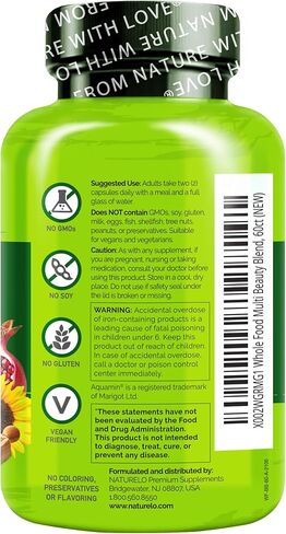 NATURELO Whole Food Multivitamin with Extra Hair, Skin & Nails Support - Beauty Blend with Hyaluronic Acid & Grape Seed - High Potency Biotin, Vitamin C, & Glutathione, 60 Vegan Capsules (Pack of 2) in Kuwait