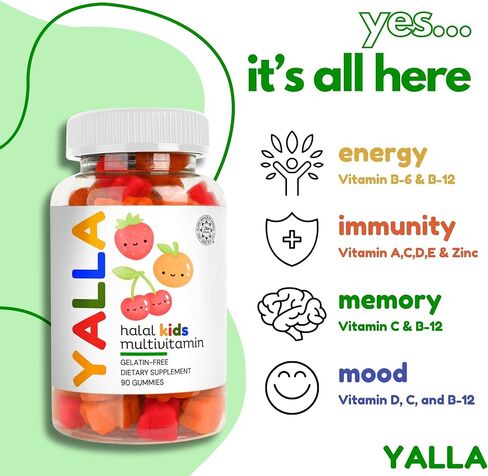 YALLA Halal Vitamins for Kids, Halal Kids Multivitamin Gummies, 45-90 Day Supply, Essential Vitamins with C, D3, Zinc for Immunity, B6 B12 for Energy, ISA Certified, Gelatin Free in Saudi Arabia