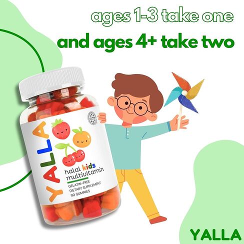 YALLA Halal Vitamins for Kids, Halal Kids Multivitamin Gummies, 45-90 Day Supply, Essential Vitamins with C, D3, Zinc for Immunity, B6 B12 for Energy, ISA Certified, Gelatin Free in Saudi Arabia