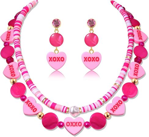 BVGA Valentines Day Jewelry set Gifts for Her Rhinestone Gold Layered heart charm necklace Heart Earrigns Love Heart Message Printed Lucite Arch Dangle Earrings Valentines Day Gifts Date Party Jewelry in Saudi Arabia