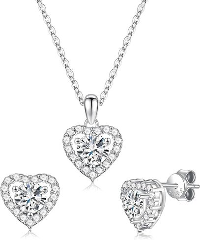 S925 Heart Wedding Jewelry Sets for Bride, 3 Pcs Cubic Zirconia Prom Jewelry, Silver Jewelry Set for Women, Heart Silver Necklace and Earring Sets for Women, Silver Necklace Set in Saudi Arabia