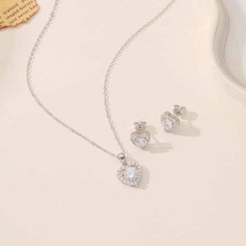 S925 Heart Wedding Jewelry Sets for Bride, 3 Pcs Cubic Zirconia Prom Jewelry, Silver Jewelry Set for Women, Heart Silver Necklace and Earring Sets for Women, Silver Necklace Set in Saudi Arabia