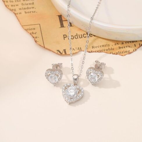 S925 Heart Wedding Jewelry Sets for Bride, 3 Pcs Cubic Zirconia Prom Jewelry, Silver Jewelry Set for Women, Heart Silver Necklace and Earring Sets for Women, Silver Necklace Set in Saudi Arabia