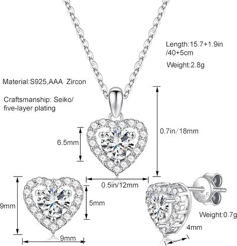 S925 Heart Wedding Jewelry Sets for Bride, 3 Pcs Cubic Zirconia Prom Jewelry, Silver Jewelry Set for Women, Heart Silver Necklace and Earring Sets for Women, Silver Necklace Set in Saudi Arabia