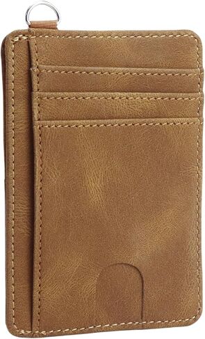 Slim Minimalist Wallet, Front Pocket Wallets with ID Window PU Leather, RFID Blocking, Credit Card Holder with D-Shackle for Men & Women (Retro Brown) in Saudi Arabia