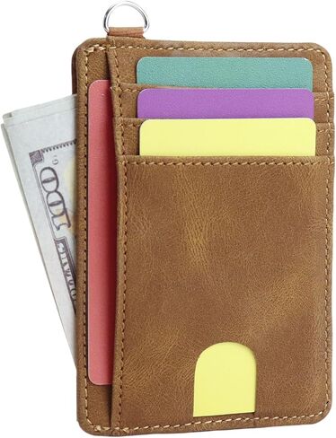 Slim Minimalist Wallet, Front Pocket Wallets with ID Window PU Leather, RFID Blocking, Credit Card Holder with D-Shackle for Men & Women (Retro Brown) in Saudi Arabia