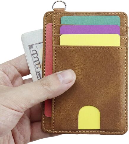 Slim Minimalist Wallet, Front Pocket Wallets with ID Window PU Leather, RFID Blocking, Credit Card Holder with D-Shackle for Men & Women (Retro Brown) in Saudi Arabia