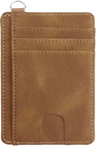 Slim Minimalist Wallet, Front Pocket Wallets with ID Window PU Leather, RFID Blocking, Credit Card Holder with D-Shackle for Men & Women (Retro Brown) in Saudi Arabia