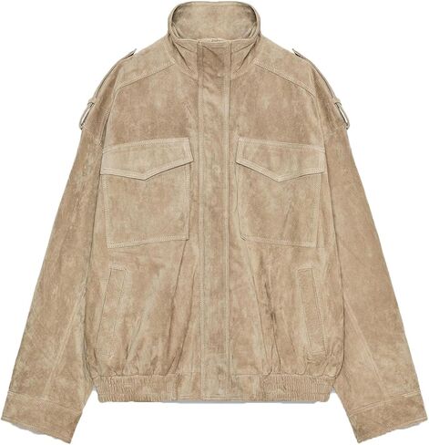 Women’s Suede Leather Jacket High Collar Long Cuffed Sleeves Pockets Zipper Oversized Coat in Saudi Arabia