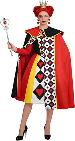 4Pcs Queen Costume Set Red & Black Playing Card Cape,Earrings,Queen Crown Wand for Halloween Theme Party in Saudi Arabia