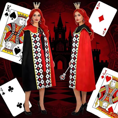 4Pcs Queen Costume Set Red & Black Playing Card Cape,Earrings,Queen Crown Wand for Halloween Theme Party in Saudi Arabia