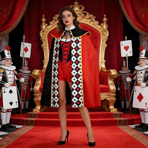 4Pcs Queen Costume Set Red & Black Playing Card Cape,Earrings,Queen Crown Wand for Halloween Theme Party in Saudi Arabia