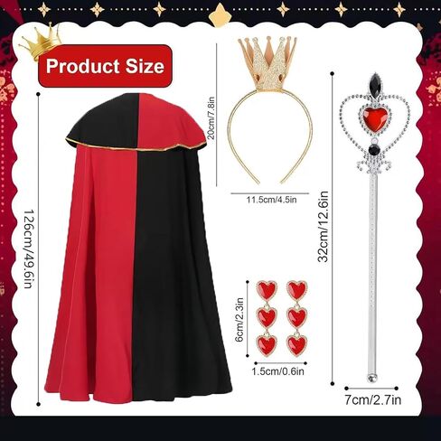 4Pcs Queen Costume Set Red & Black Playing Card Cape,Earrings,Queen Crown Wand for Halloween Theme Party in Saudi Arabia