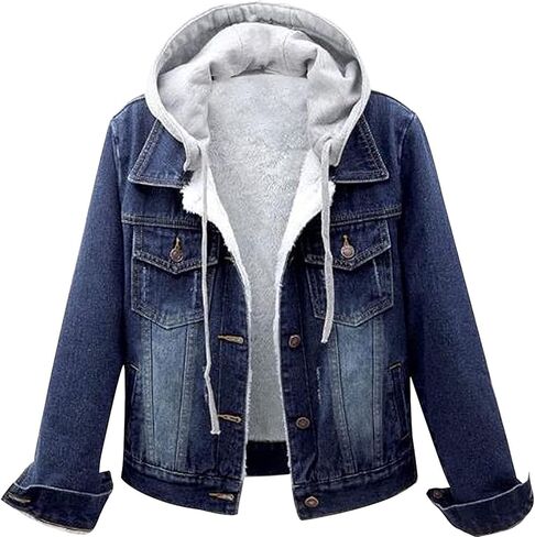 Jeans Jacket For Women Winter Button Down Casual Denim Jacket With Hood Cozy Breathable Fuzzy Jean Hoodies Tops in Saudi Arabia