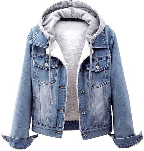 Jeans Jacket For Women Winter Button Down Casual Denim Jacket With Hood Cozy Breathable Fuzzy Jean Hoodies Tops in Saudi Arabia