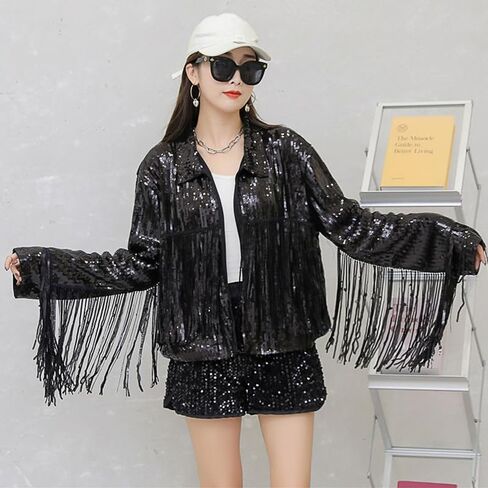 Women Sparkly Sequin Fringe Jacket Shiny Disco Cowgirl Jacket Glitter Coat Y2K 90s Streetwear in Saudi Arabia