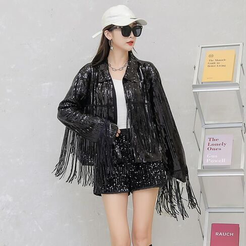 Women Sparkly Sequin Fringe Jacket Shiny Disco Cowgirl Jacket Glitter Coat Y2K 90s Streetwear in Saudi Arabia