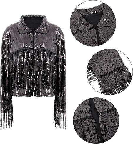 Women Sparkly Sequin Fringe Jacket Shiny Disco Cowgirl Jacket Glitter Coat Y2K 90s Streetwear in Saudi Arabia
