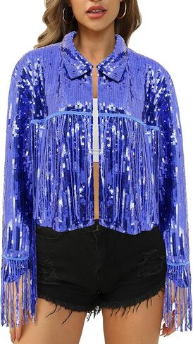 Women Sparkly Sequin Fringe Jacket Shiny Disco Cowgirl Jacket Glitter Coat Y2K 90s Streetwear in Saudi Arabia