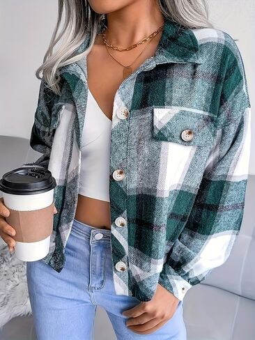 Womens Plaid Long Sleeve Button Down Jackets Fall Winter Warm Coat in Saudi Arabia