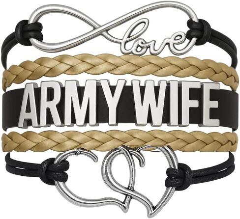 Army Wife Bracelet – Adjustable Gold and Black Leather Wrap with Infinity Love and Heart Charms, Military Spouse Jewelry Gift for Deployment, Appreciation, or Patriotic Support in Saudi Arabia