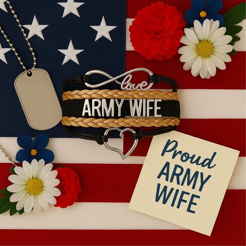 Army Wife Bracelet – Adjustable Gold and Black Leather Wrap with Infinity Love and Heart Charms, Military Spouse Jewelry Gift for Deployment, Appreciation, or Patriotic Support in Saudi Arabia