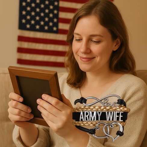 Army Wife Bracelet – Adjustable Gold and Black Leather Wrap with Infinity Love and Heart Charms, Military Spouse Jewelry Gift for Deployment, Appreciation, or Patriotic Support in Saudi Arabia