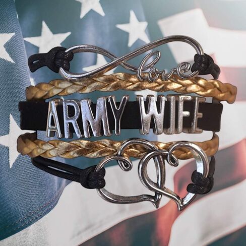 Army Wife Bracelet – Adjustable Gold and Black Leather Wrap with Infinity Love and Heart Charms, Military Spouse Jewelry Gift for Deployment, Appreciation, or Patriotic Support in Saudi Arabia