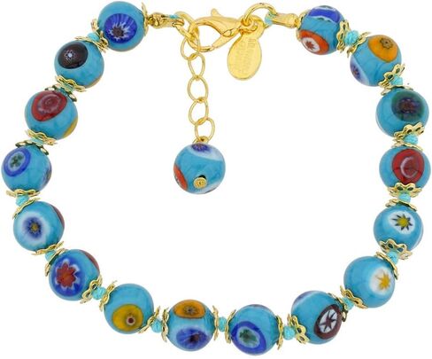 Glass Of Venice Murano Glass Bracelet Italian Aqua Blue Millefiori Beads Handmade Blown Glass - Murano Glass Bracelets for Women in Saudi Arabia