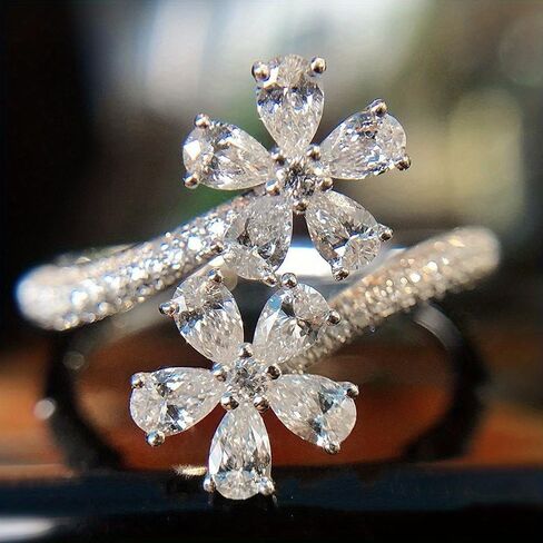 White Gold Plated Inlay Cubic Zirconia Open Adjustable Flower Engagement Rings Wedding Bridal Band Promise Rings Evening Parties Anniversary Valentine's Day Gifts Eternity Bands for Women in Saudi Arabia