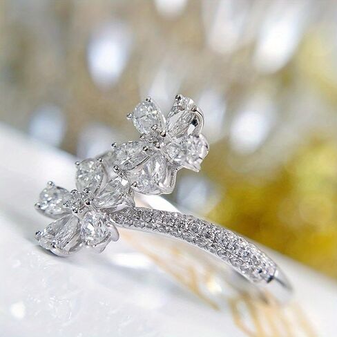 White Gold Plated Inlay Cubic Zirconia Open Adjustable Flower Engagement Rings Wedding Bridal Band Promise Rings Evening Parties Anniversary Valentine's Day Gifts Eternity Bands for Women in Saudi Arabia