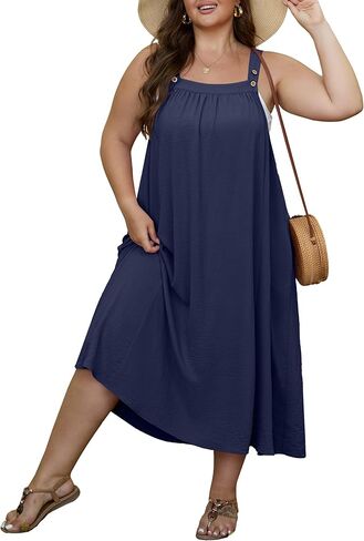 OLRIK Women's Plus Size Summer Dress 2026 Overall Midi Sundress for Women Loose Fit Adjustable Strap Beach Swimsuit Cover Up in Saudi Arabia