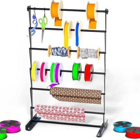 Ribbon Organizer, Metal Ribbon Holder Storage Rack with Activity Hooks, 4 Tier Ribbon Spool Holder for Craft Room Sewing Thread Mesh Ribbon Wreath Washi Tape, Florist Arts Wrapping Gift in Kuwait