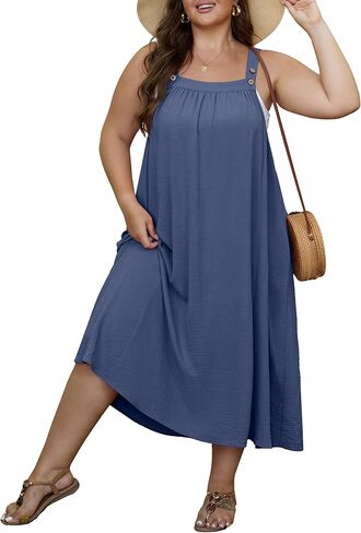 OLRIK Women's Plus Size Summer Dress 2026 Overall Midi Sundress for Women Loose Fit Adjustable Strap Beach Swimsuit Cover Up in Saudi Arabia