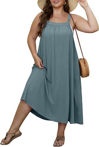 OLRIK Women's Plus Size Summer Dress 2026 Overall Midi Sundress for Women Loose Fit Adjustable Strap Beach Swimsuit Cover Up in Saudi Arabia