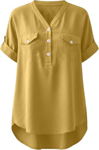 Womens Cotton Linen Shirts V Neck Short Sleeve Blouses Loose Collared Button Down Shirt Casual Comfort Work Tops in Saudi Arabia