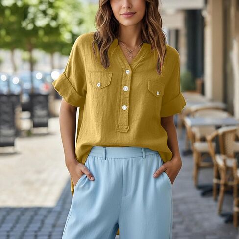 Womens Cotton Linen Shirts V Neck Short Sleeve Blouses Loose Collared Button Down Shirt Casual Comfort Work Tops in Saudi Arabia