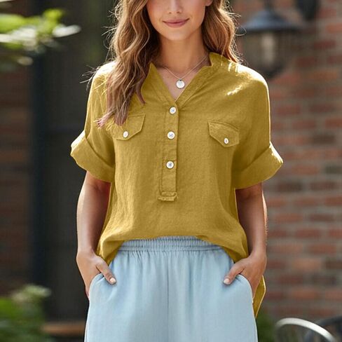 Womens Cotton Linen Shirts V Neck Short Sleeve Blouses Loose Collared Button Down Shirt Casual Comfort Work Tops in Saudi Arabia