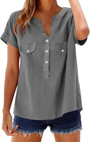Womens Cotton Linen Shirts V Neck Short Sleeve Blouses Loose Collared Button Down Shirt Casual Comfort Work Tops in Saudi Arabia