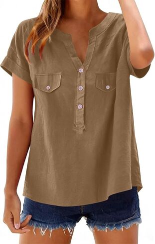 Womens Cotton Linen Shirts V Neck Short Sleeve Blouses Loose Collared Button Down Shirt Casual Comfort Work Tops in Saudi Arabia